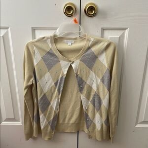 Women's Argyle Cardigan Sweater - Cream and Gray